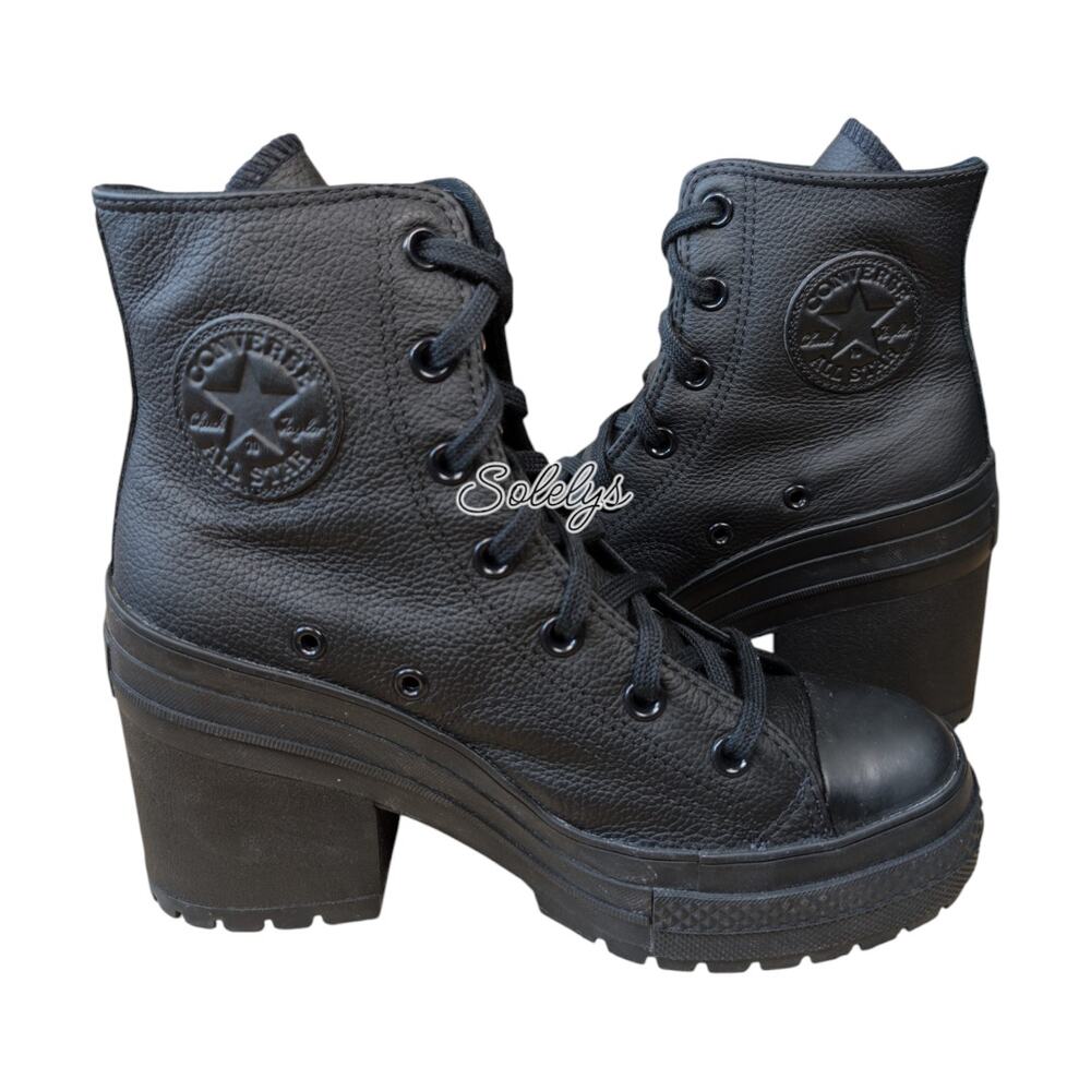 Converse Chuck 70 De Luxe Heel Leather Black Monochrome Platform Sneaker Boot 8
